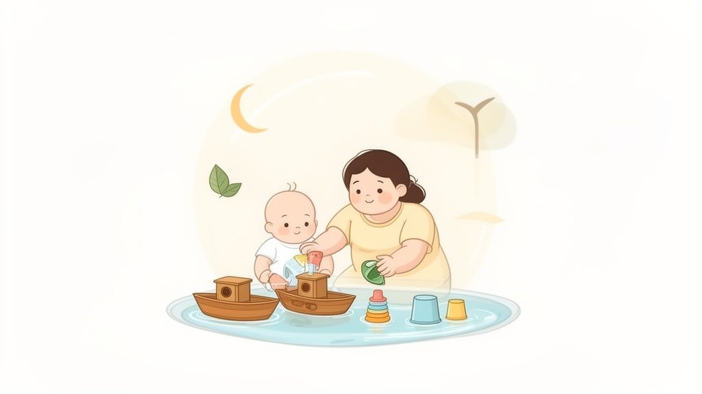 An adorable illustration of a mother and baby playing happily with boats and cups in water.