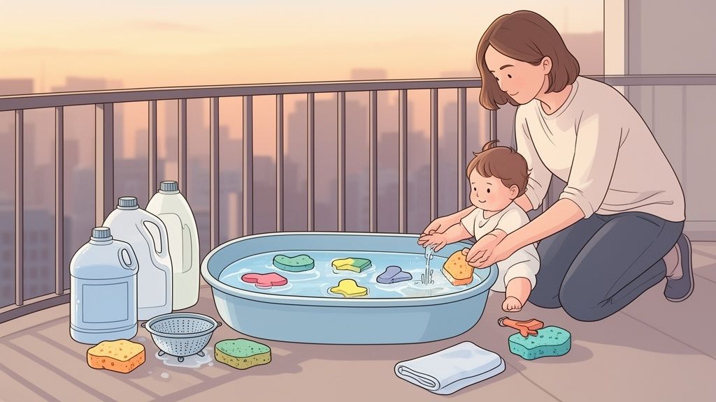 Mother and baby play with colorful sponges and water in a basin on a balcony at sunset.