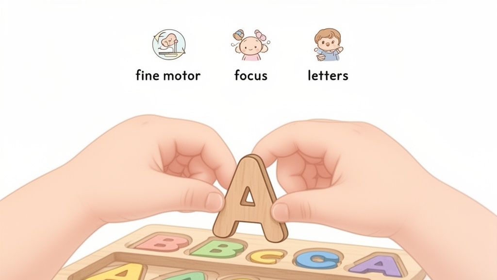 Child's hands placing a wooden letter A into an alphabet puzzle board, enhancing fine motor skills and learning.