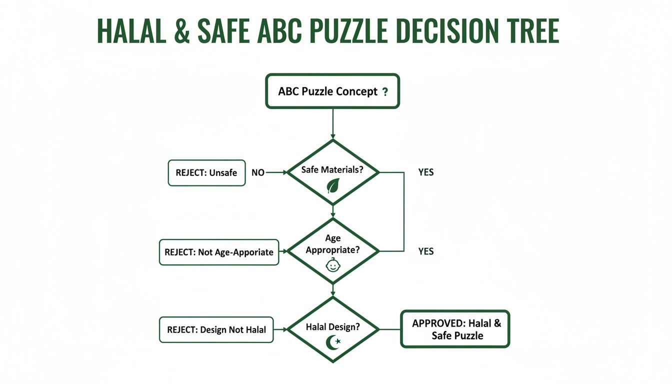 A decision tree flowchart for Halal & Safe ABC Puzzles, evaluating materials, age, and design.