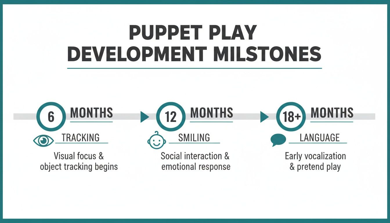 A developmental timeline showing puppet play milestones for infants: tracking, smiling, and language.