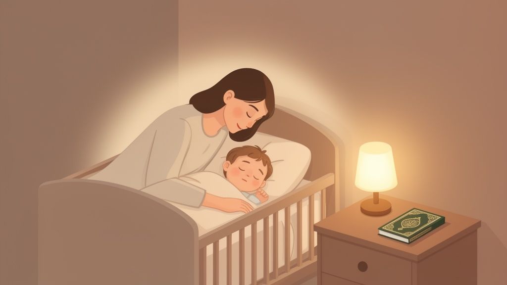 Warm illustration of a mother lovingly leaning over her peacefully sleeping baby in a crib, with a Quran nearby.