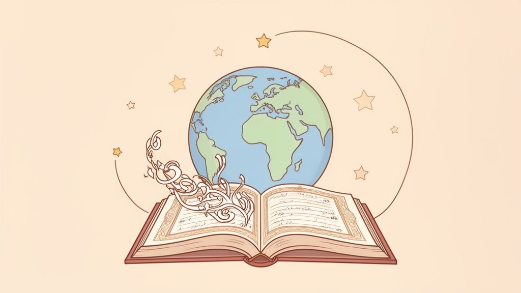 An open Quran with beautiful Arabic calligraphy flowing from its pages, positioned before a world globe and stars.