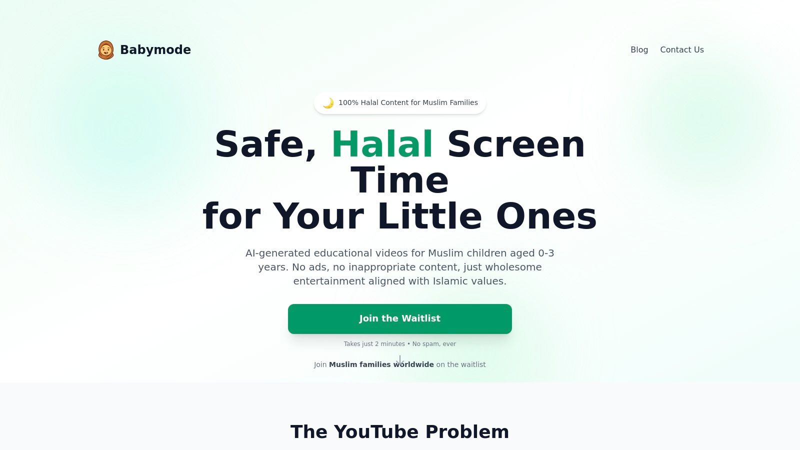 A screenshot of the Babymode website, showing a colorful, animated scene of a mosque and nature, with the text "Halal Screen Time, Happy Muslim Kids" and an invitation to join the waitlist for the app.