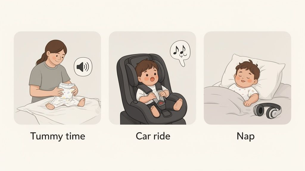 Three panels illustrate baby activities: diaper change with sound, car ride with music, and a baby napping with headphones.