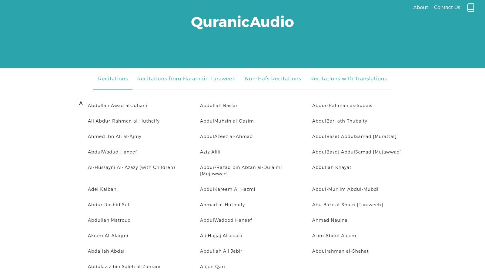 QuranicAudio.com homepage showcasing a list of different reciters available for download.