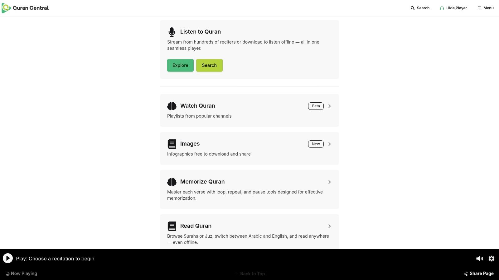 Quran Central homepage showing a list of reciters and their channels.
