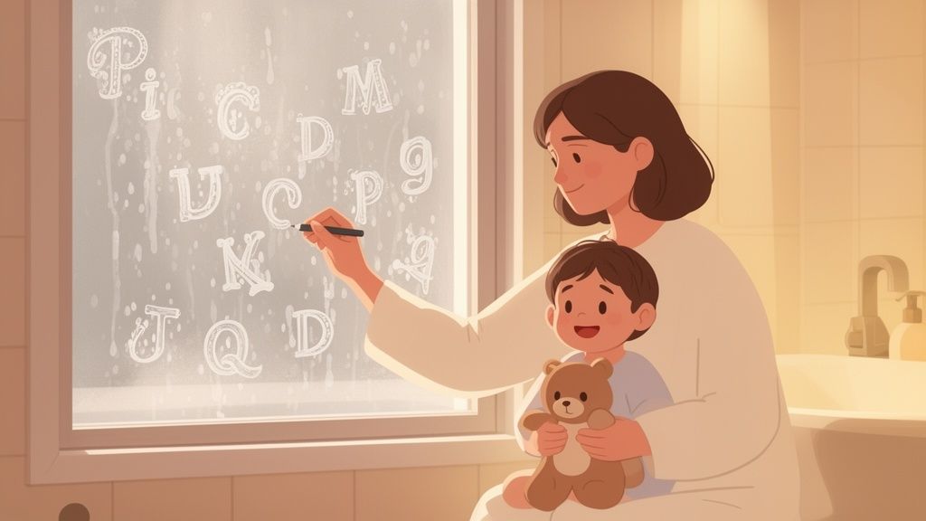 Smiling mother and child drawing alphabet letters on a steamy window, enjoying a learning moment.