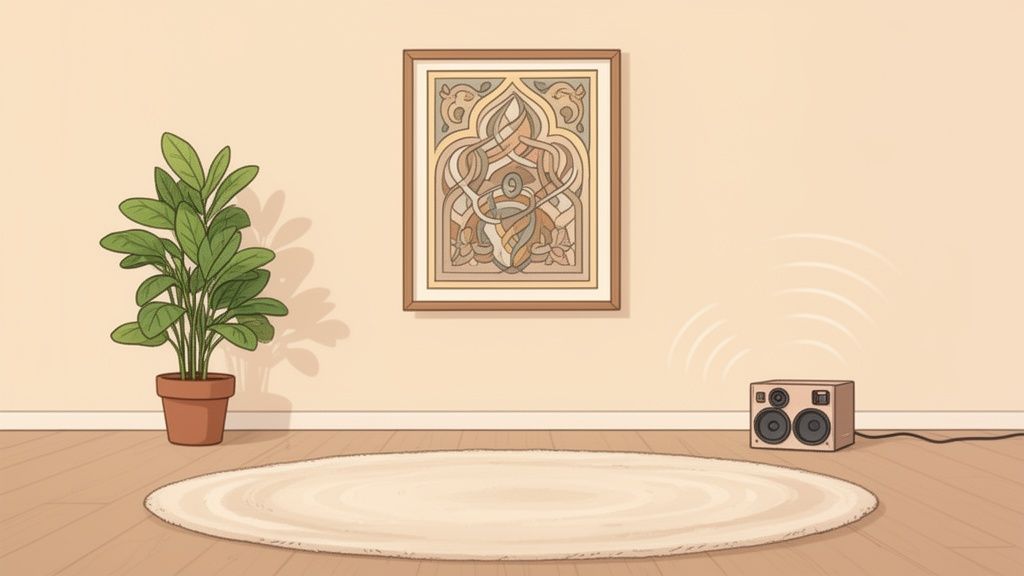 An illustrated room with a green plant, framed abstract art, round rug, and a speaker playing music.