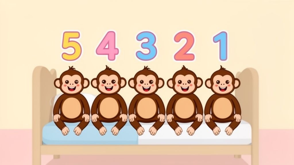Five cartoon monkeys sit on a wooden bed with large numbers 5, 4, 3, 2, 1 floating above.