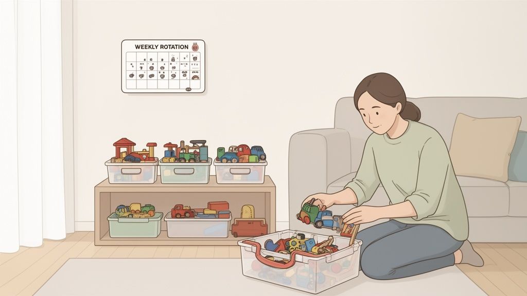 A woman kneels, sorting colorful children's toys into clear plastic storage bins in a tidy room.