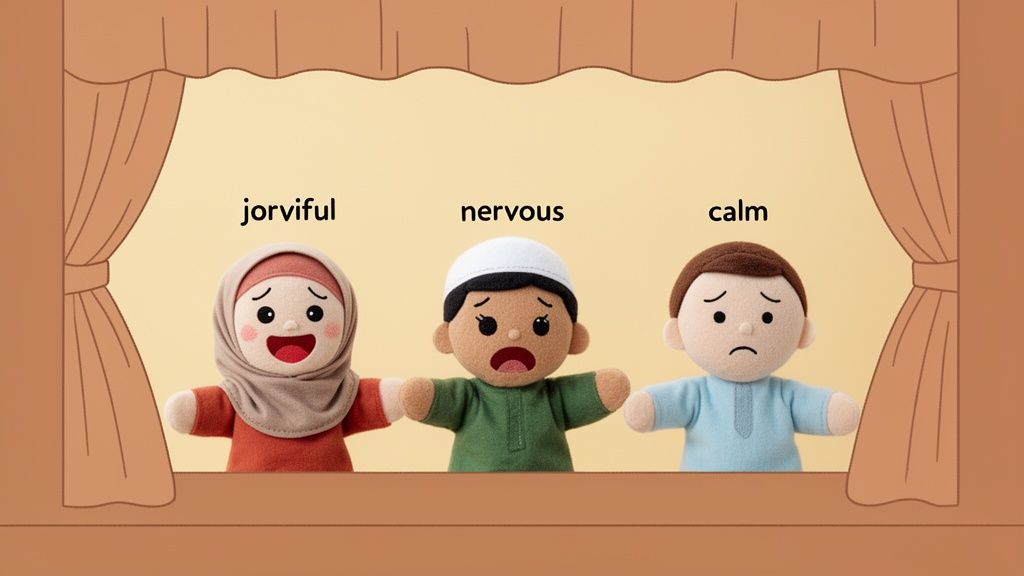 Three diverse puppets on a stage show 'joyful', 'nervous', and 'calm' emotions for preschool learning.