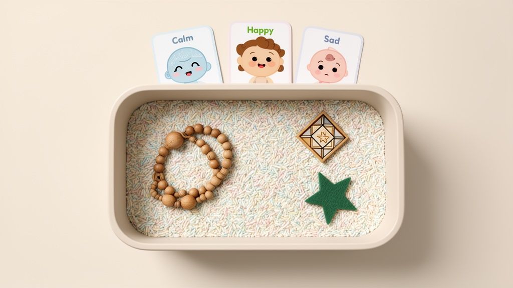 Sensory bin with rice, wooden toys, and emotion flashcards showing calm, happy, and sad.