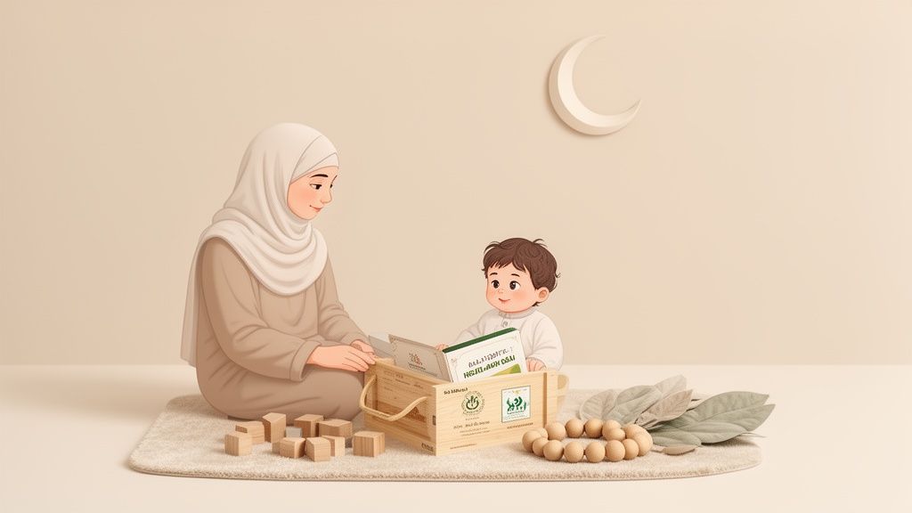 A gentle illustration of a Muslim mother and child reading books from a wooden box.