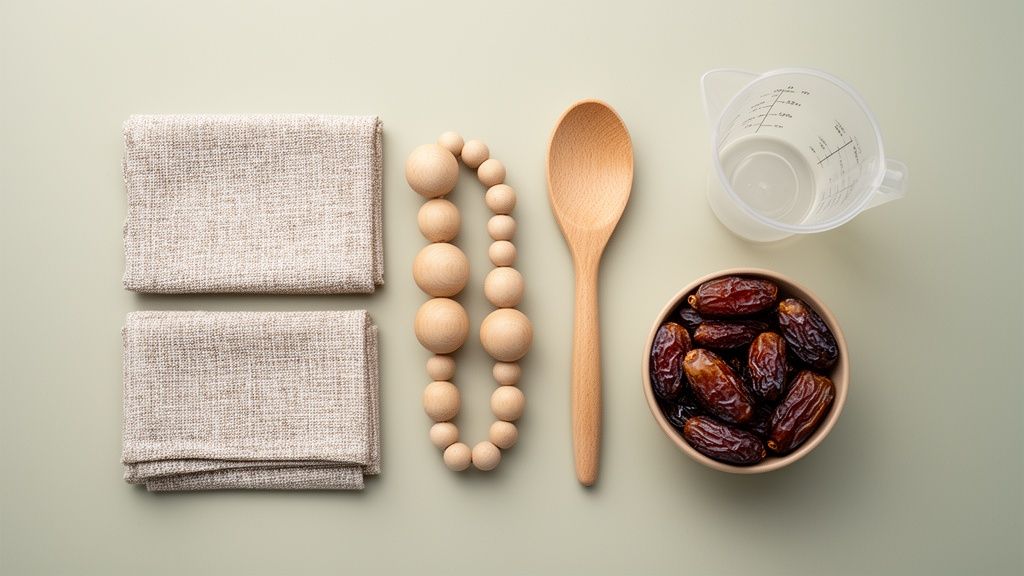 A flat lay of kitchen items including cloths, wooden beads, a spoon, measuring cup, and dates.