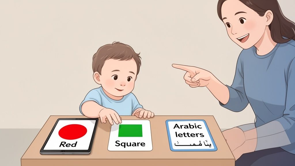 An adult teaches a toddler with digital and physical flashcards for colors, shapes, and Arabic letters.