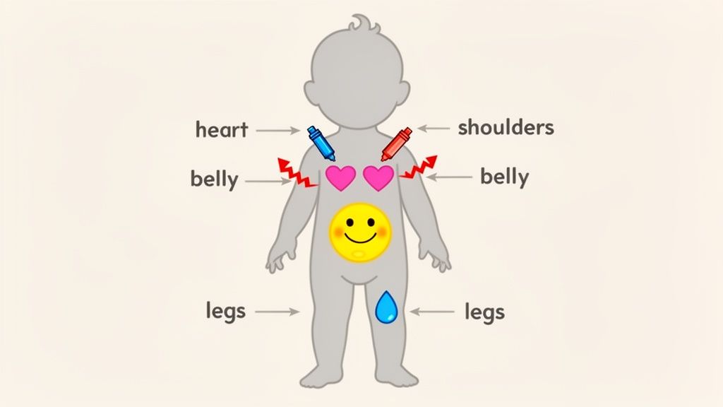 Illustration of a baby's body labeling parts like heart, shoulders, belly, and legs, with associated emoji.