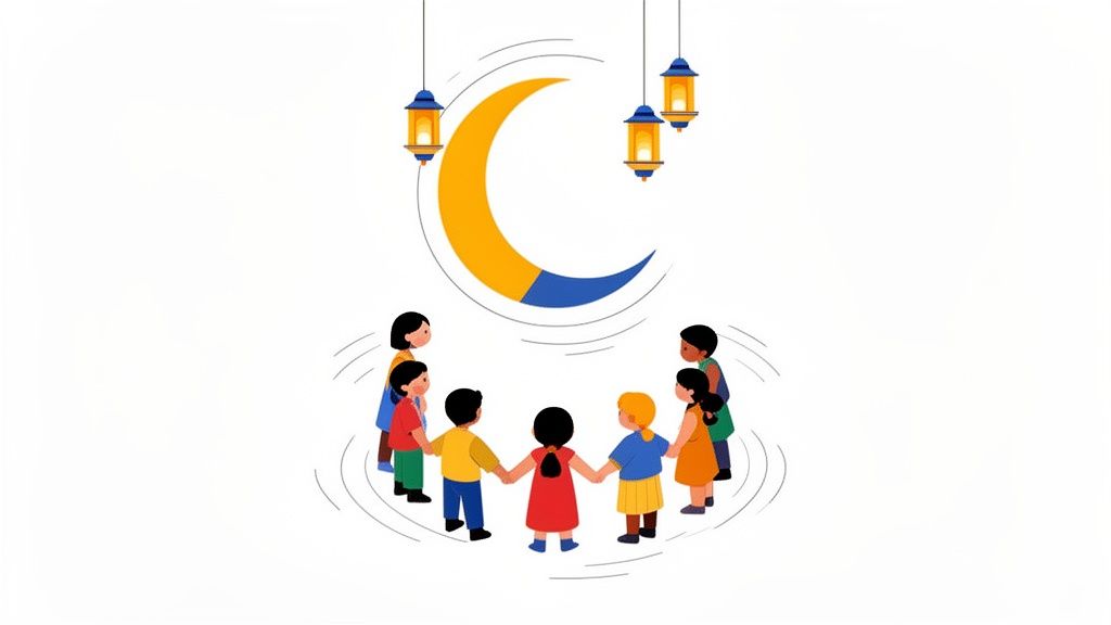 Diverse children in a circle holding hands beneath a crescent moon and hanging lanterns.
