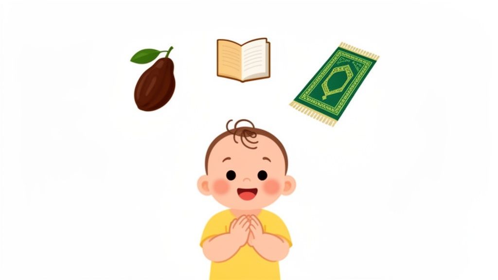 A cute baby smiles with clasped hands, looking at a cocoa pod, an open book, and a green prayer mat floating above.