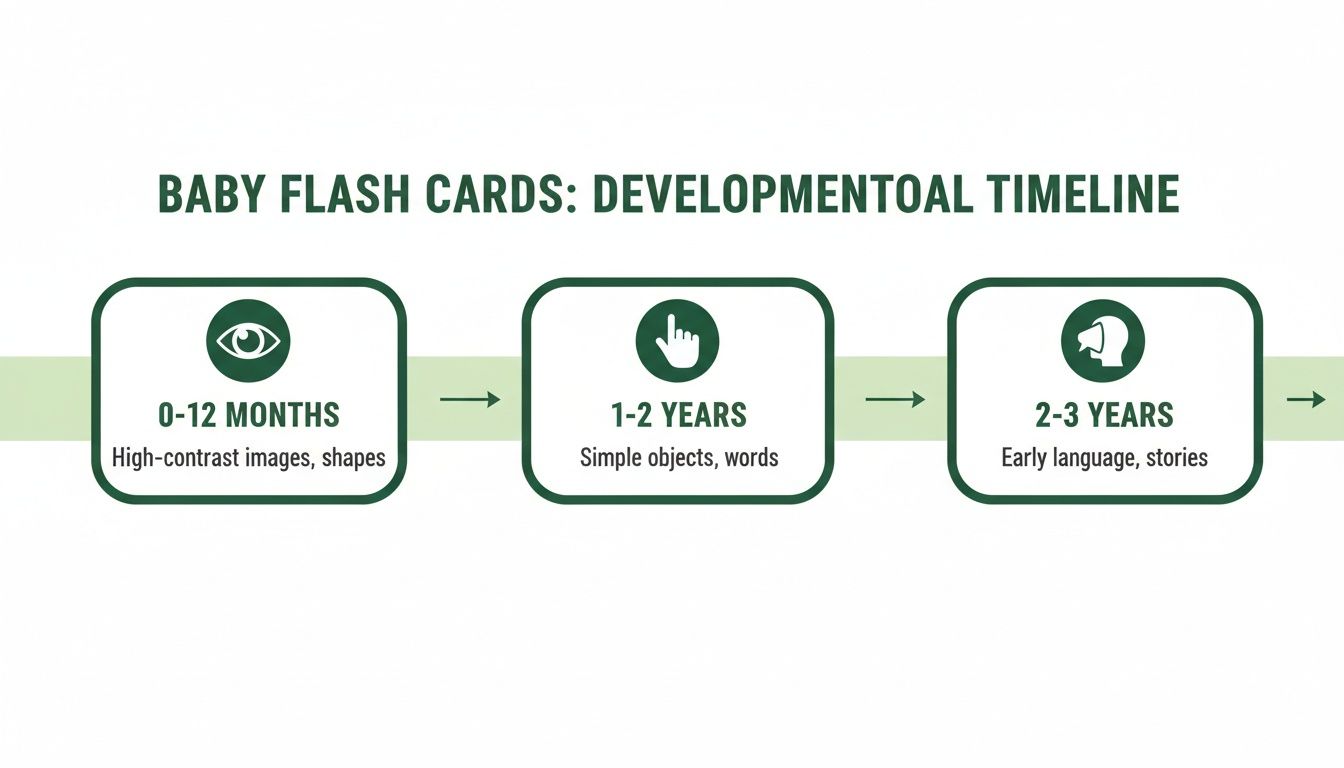 A developmental timeline for baby flash cards, showing stages from 0-3 years with activities like high-contrast images, simple objects, and early language.