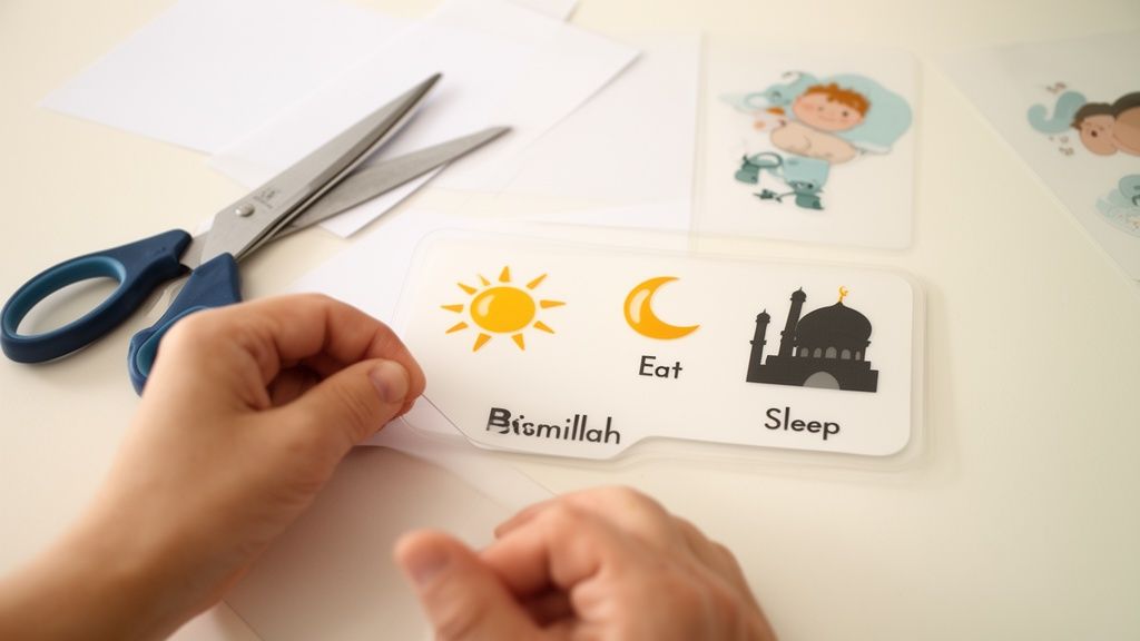 A person's hands are preparing educational flashcards with images of the sun, moon, and a mosque.