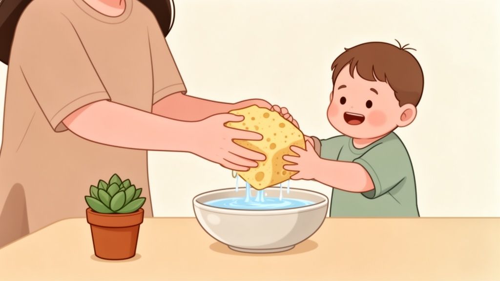 An adult and a child happily squeeze a wet sponge into a bowl of water, next to a potted succulent.
