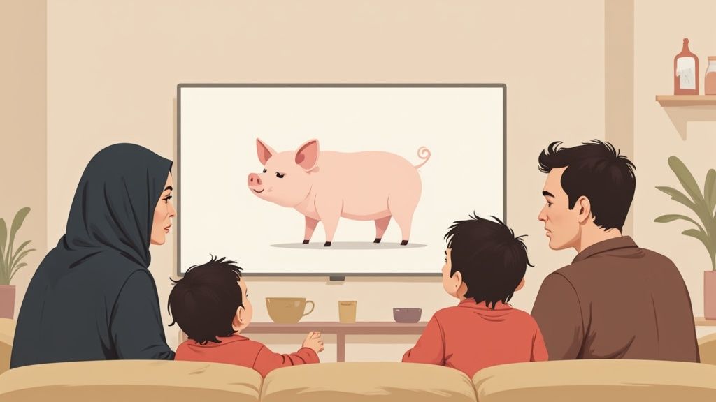 A colorful, playful image of a family with a young child, symbolizing the choices parents make for their kids' entertainment.