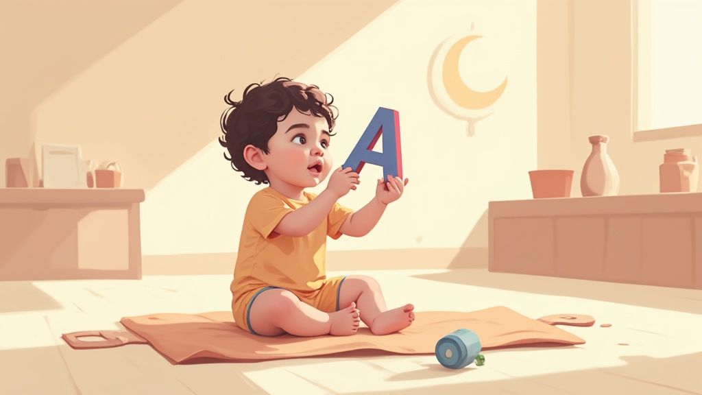 A curious toddler with curly hair holds up a blue letter 'A' on a warm mat.