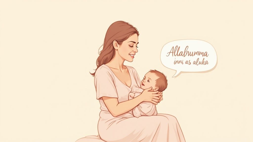 A Muslim mother holding her baby, both looking out a window peacefully.